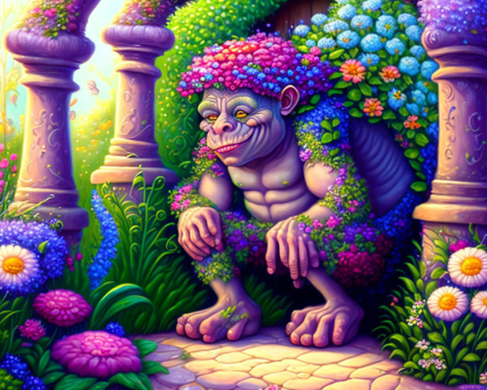 Colorful illustration of whimsical ape-like creature with floral adornments in floral setting.