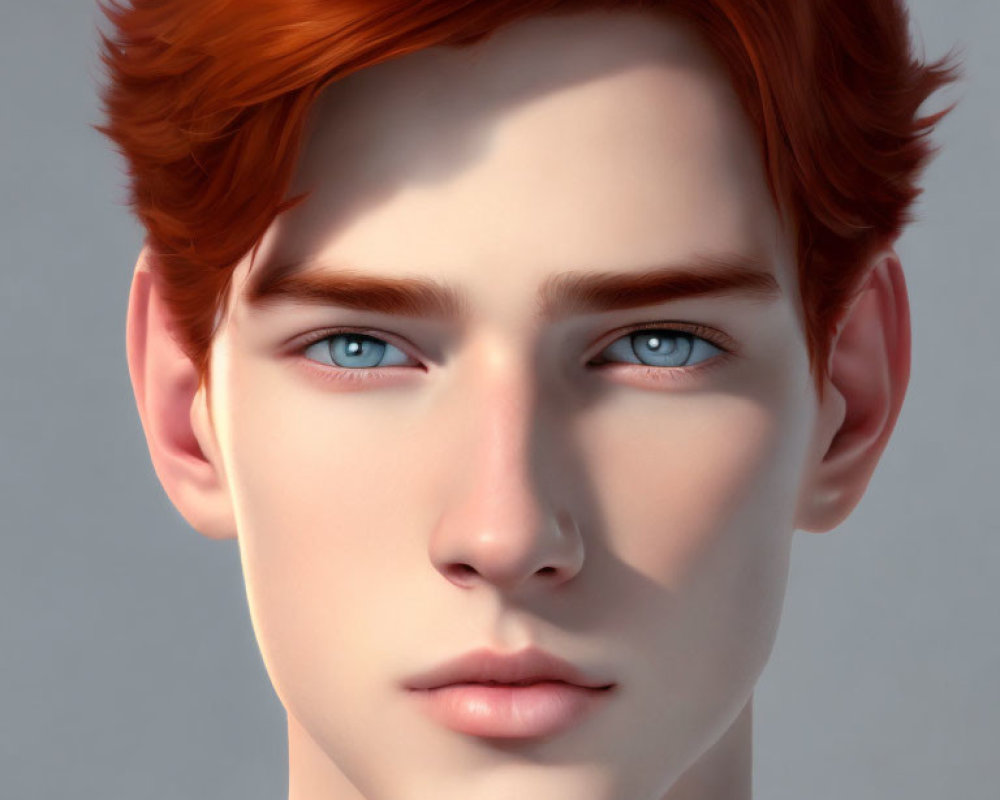 Male figure with blue eyes, auburn hair, and fair skin in 3D render