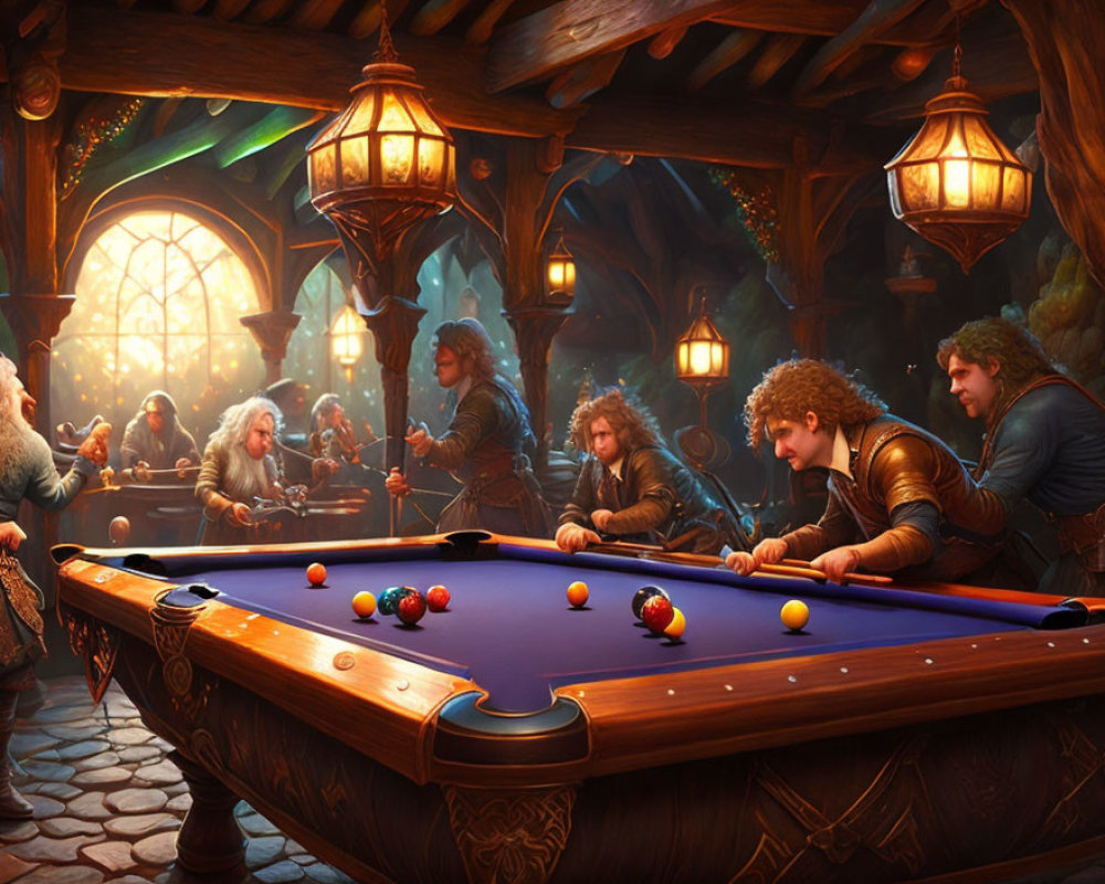 Fantasy characters playing billiards in cozy tavern