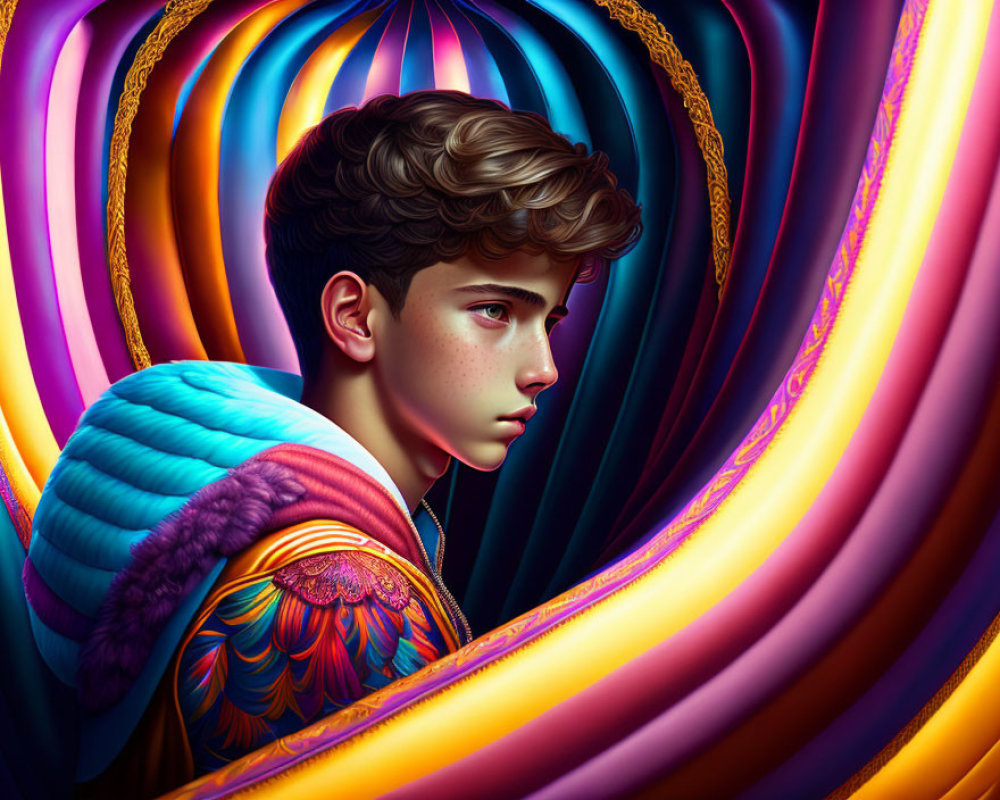 Young person with curly hair in side profile against vibrant abstract swirl background