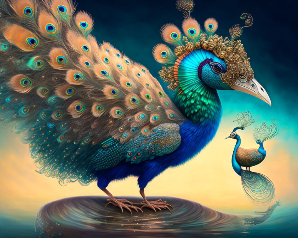 Colorful peacock illustration with intricate feathers on swirling water backdrop under twilight sky.