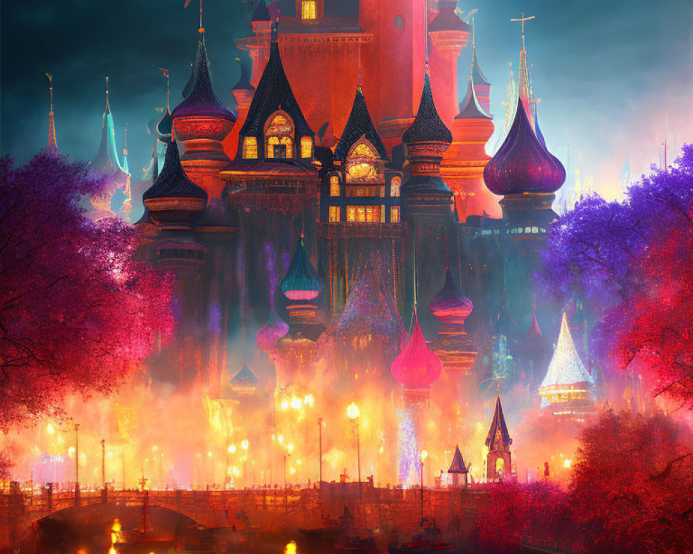 Fantasy castle at dusk with glowing lights and mystical atmosphere