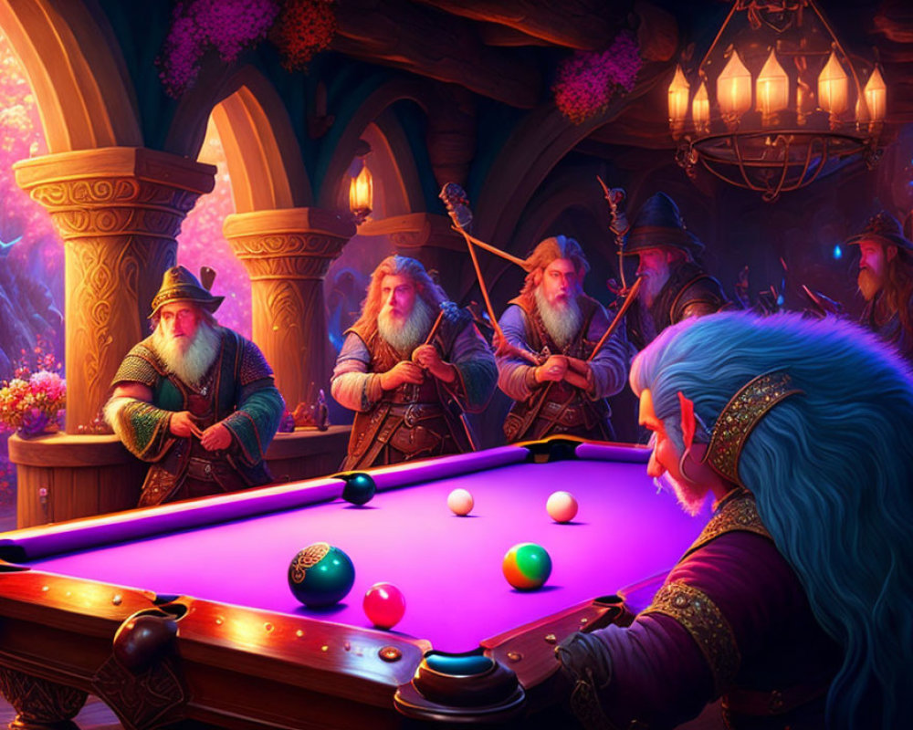 Fantasy characters playing pool in colorful, mystical tavern