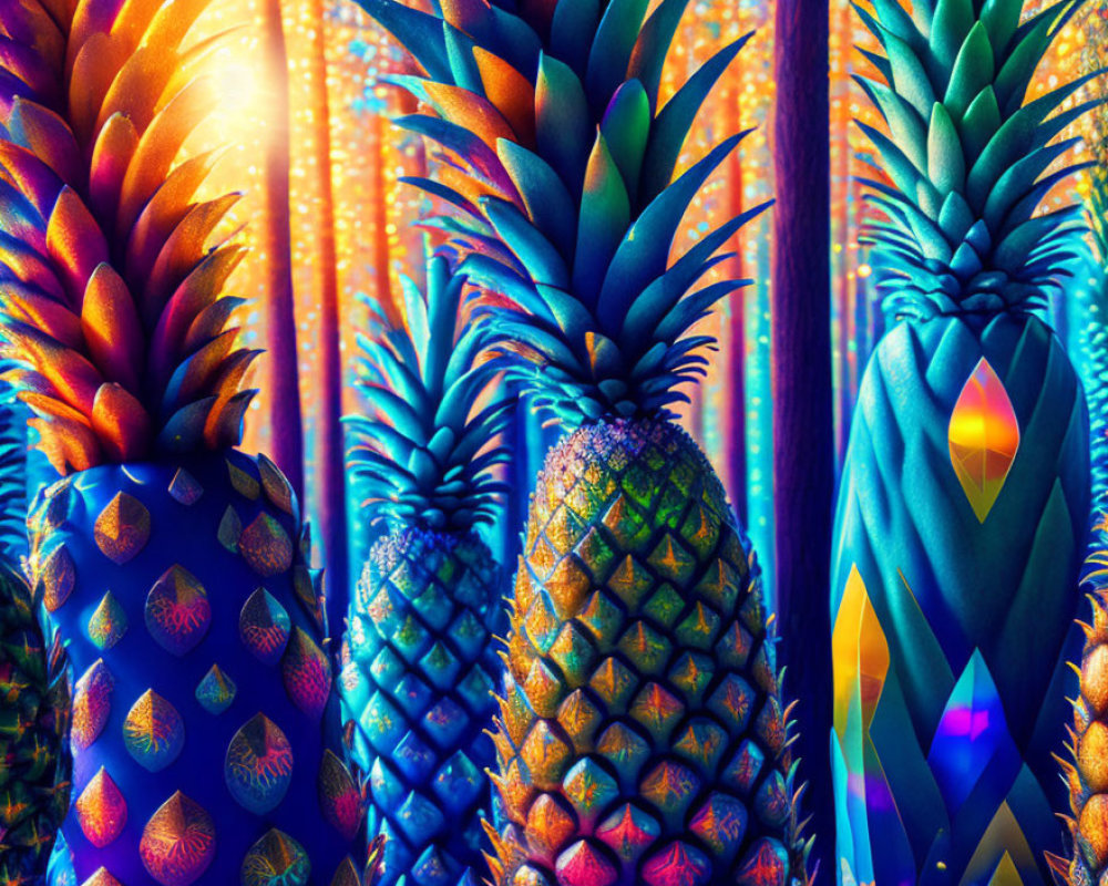 Vibrant stylized pineapples on rainbow backdrop