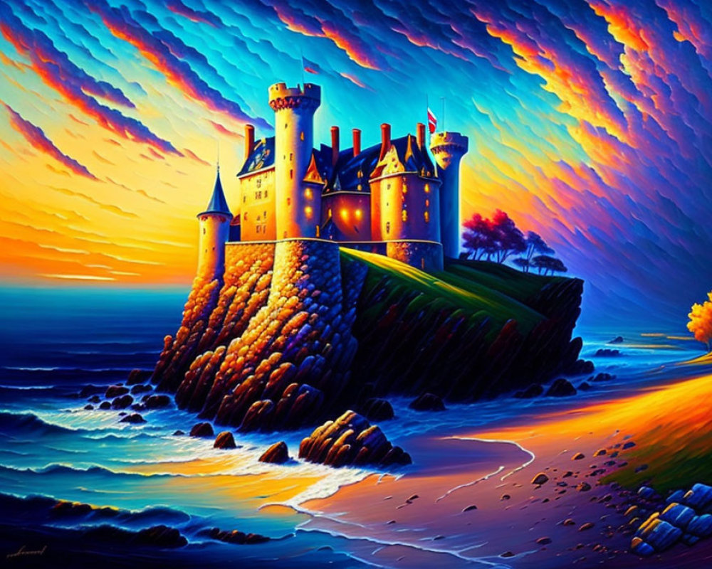 Colorful sunset sky over castle on cliff by ocean