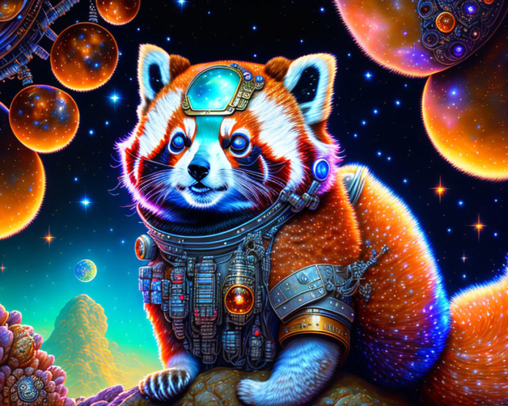 Detailed red panda astronaut in cosmic setting