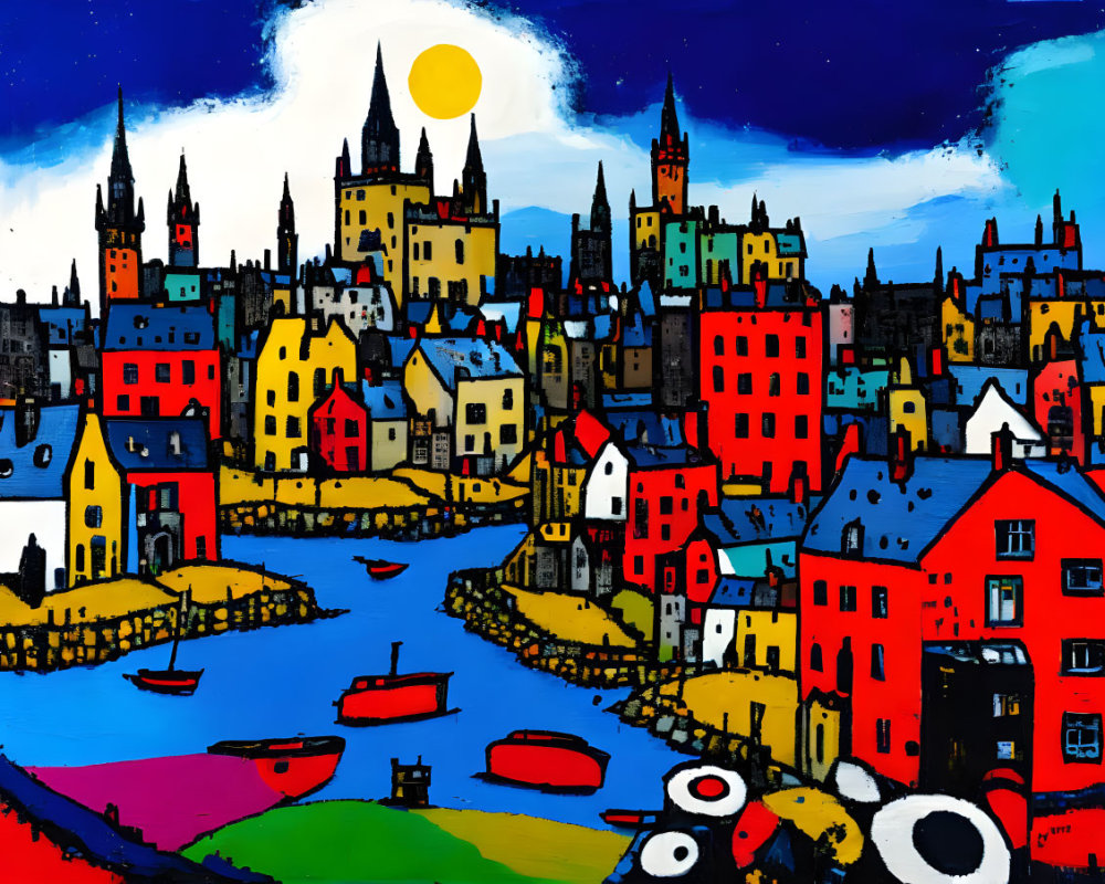 Colorful Abstract Cityscape Painting with Boats and Double Moons