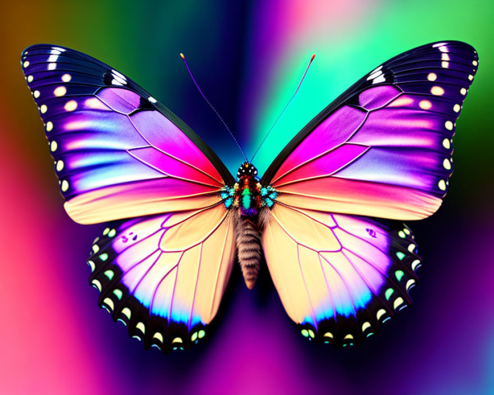 Colorful Butterfly with Spread Wings on Rainbow Background