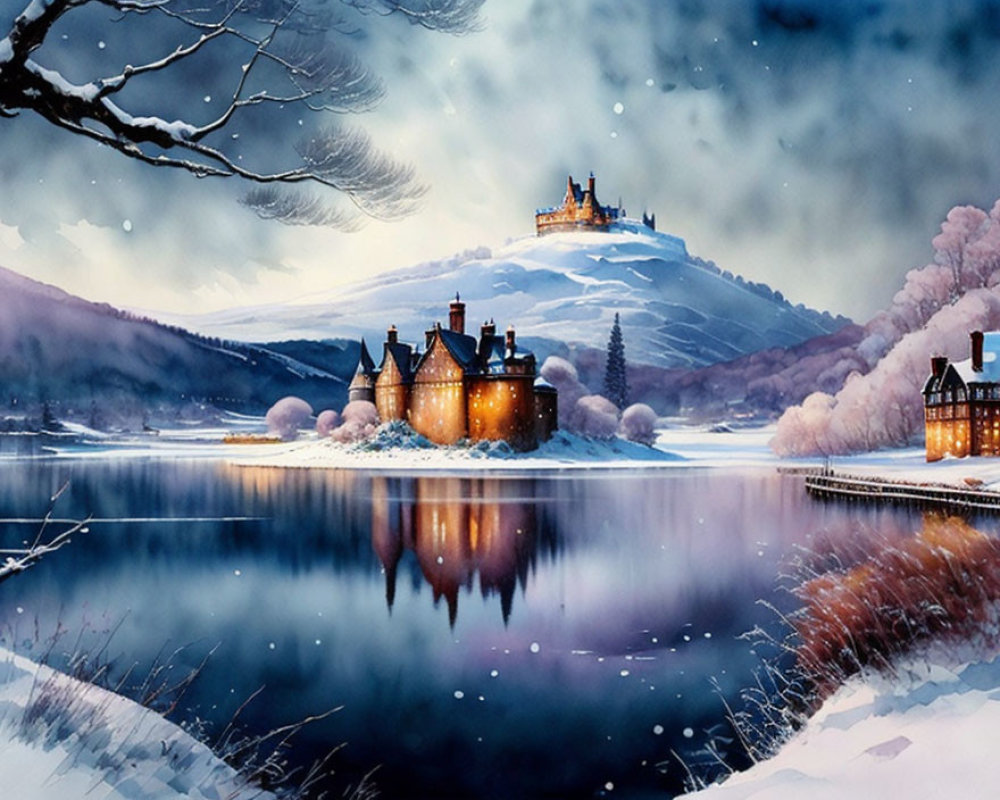 Snow-covered buildings and castle near lake in winter scene