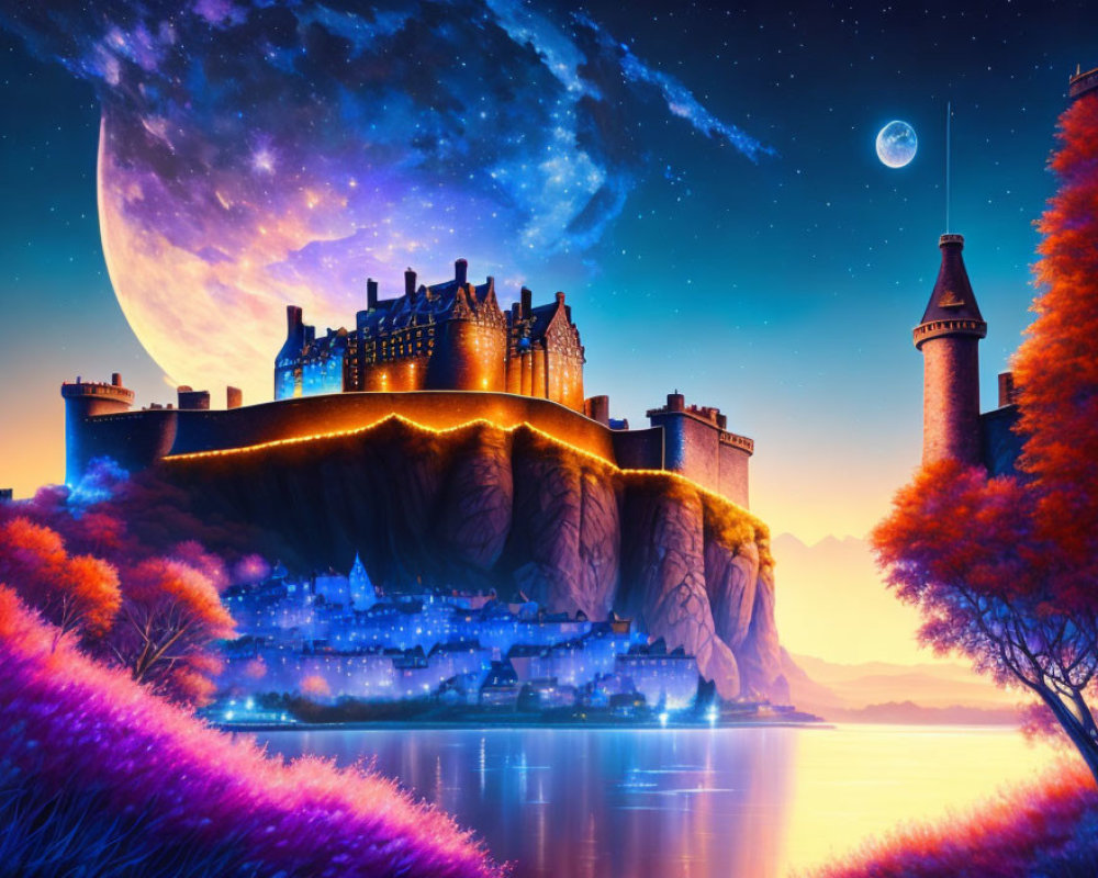 Fantasy castle on cliff under starry sky with moon, purple trees, and calm lake.