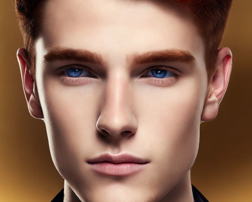 Portrait of young man with red hair and blue eyes on warm background