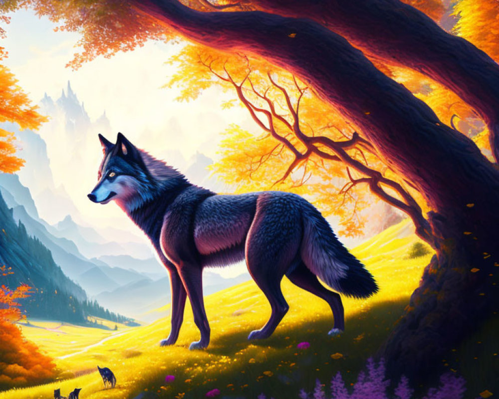 Majestic wolf in vibrant fantasy forest with castle