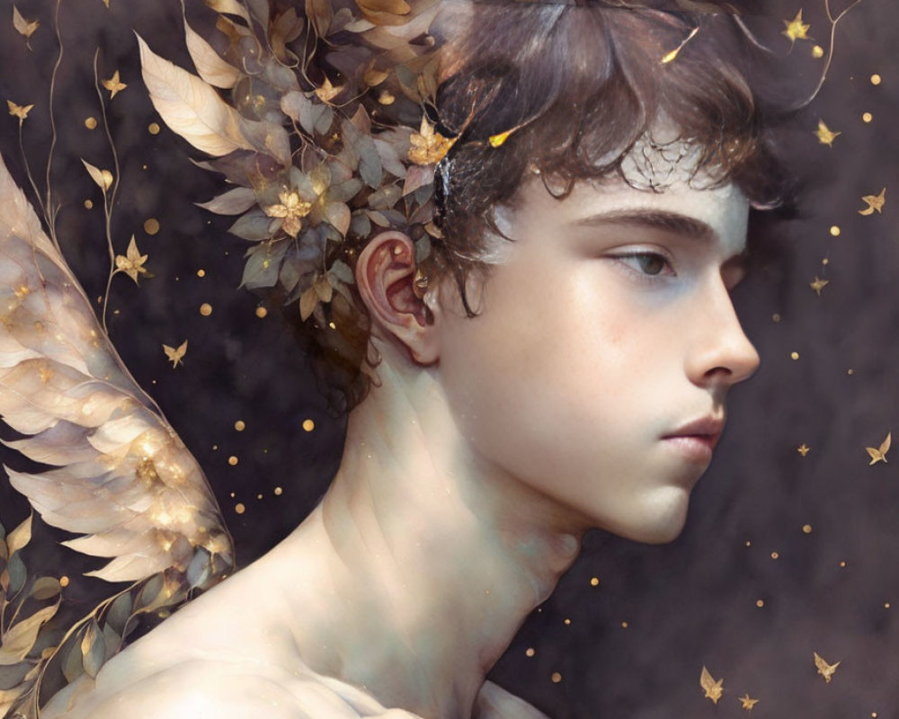 Person with Winged Autumn Leaves and Stars in Side Profile