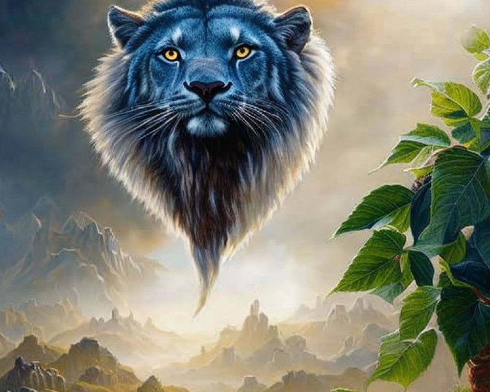 Lion with surreal mountain landscape and dramatic sky