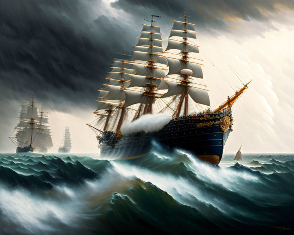 Historical tall ships sailing in stormy seas with full sails