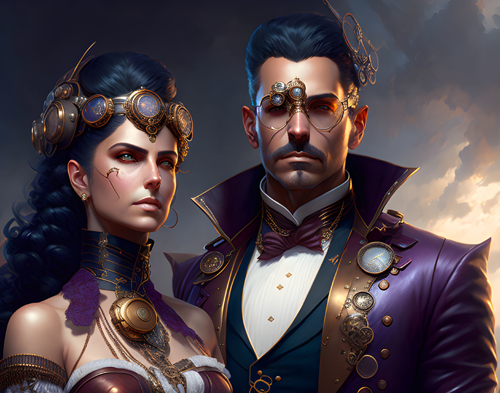 Steampunk couple digital illustration with Victorian attire and sunset sky.