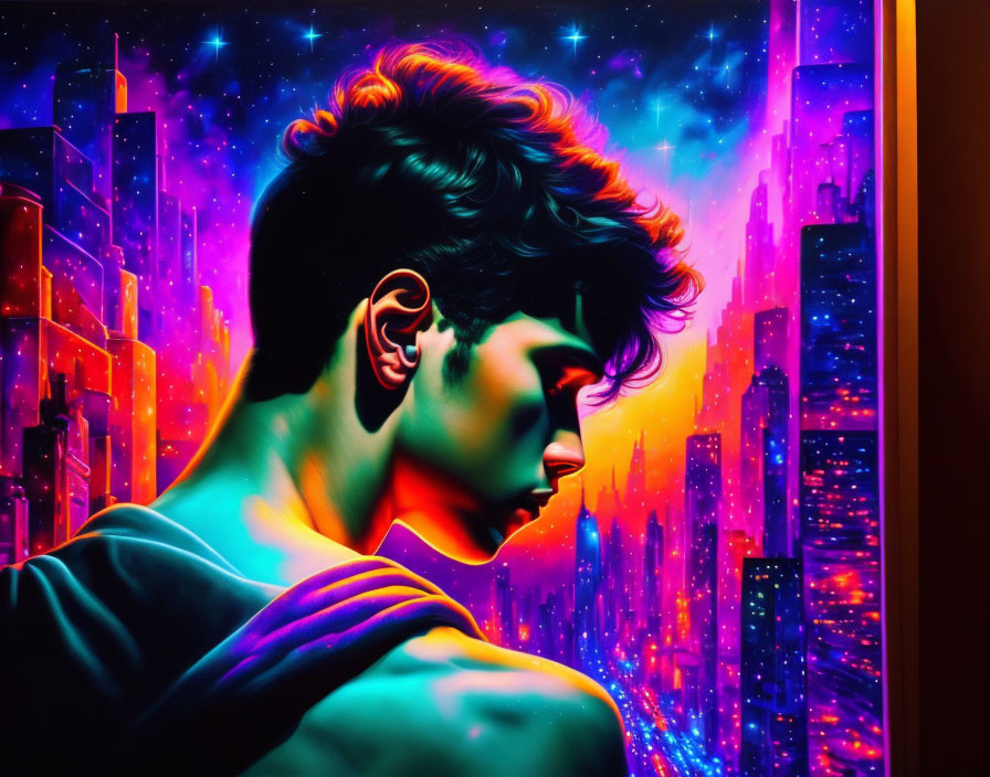 Colorful profile portrait against neon cityscape and starry sky