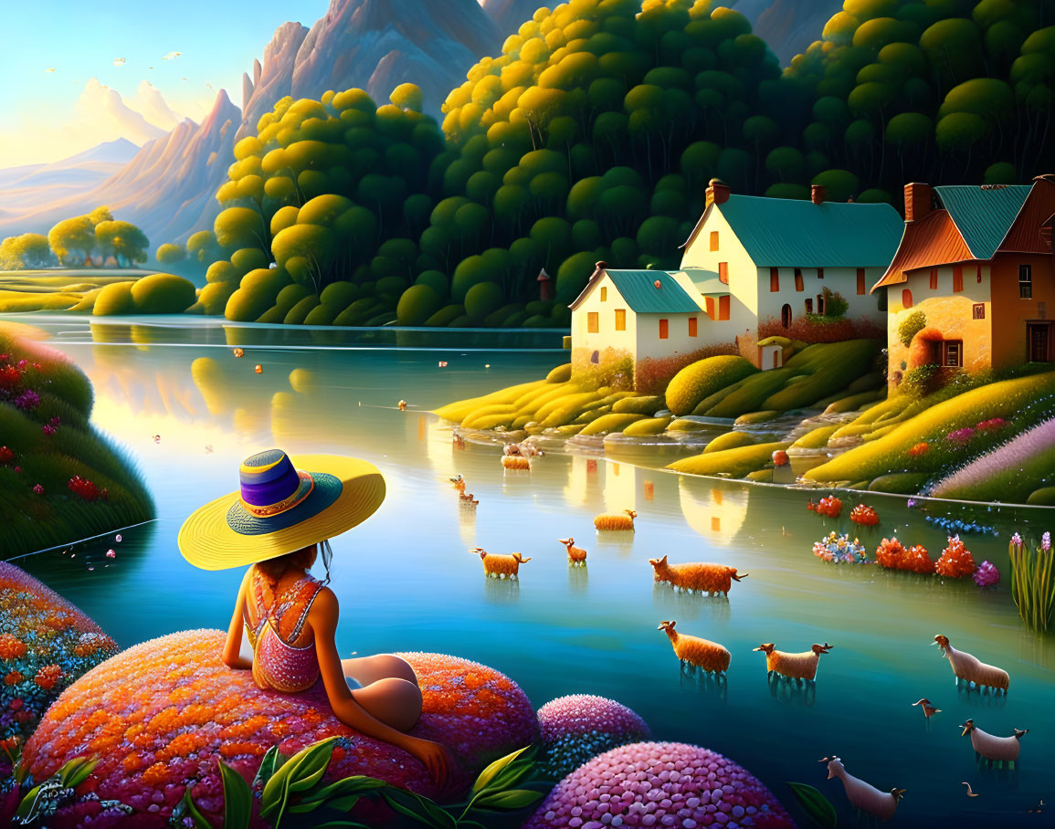 Person in hat by serene river in vibrant landscape with houses, hills, and sheep