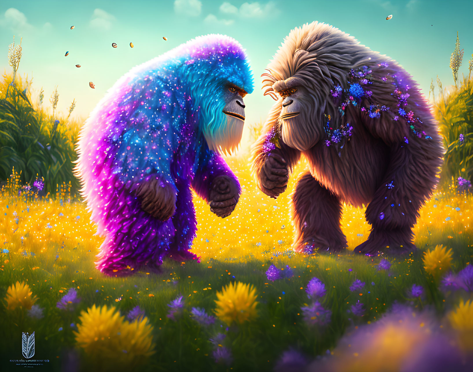 Vibrant mythical creatures with starry fur in magical flower field