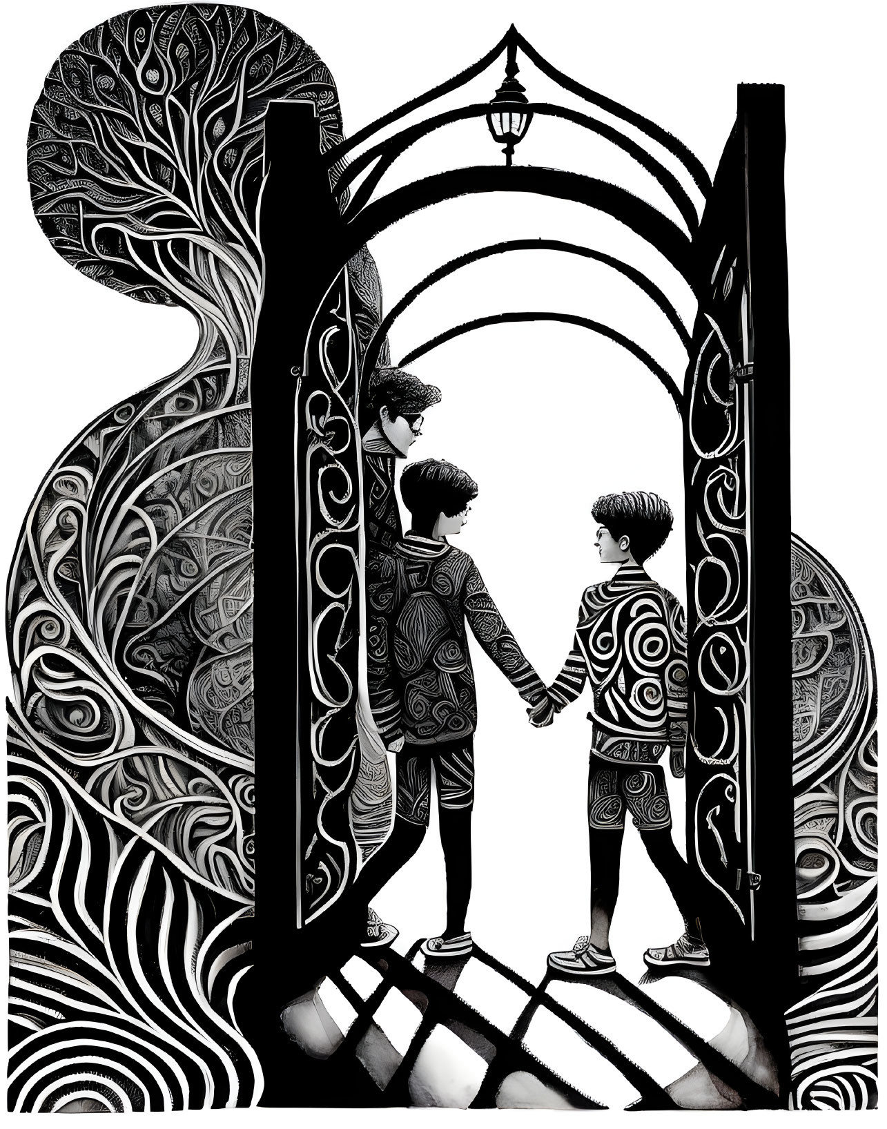 Patterned silhouettes holding hands in ornate archway with swirling designs and lantern.