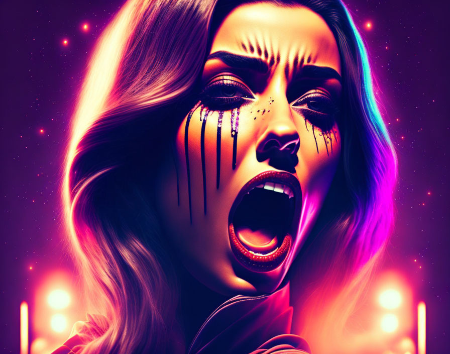 Colorful digital artwork: Woman with dramatic makeup and open-mouthed expression