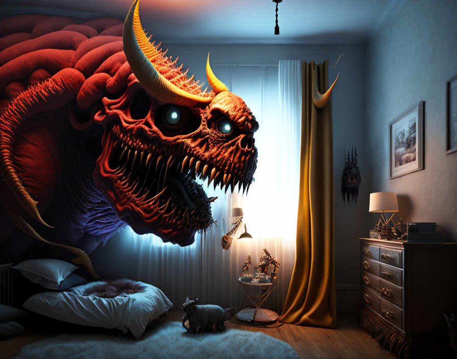 Menacing dragon-like creature with sharp horns in small dark bedroom