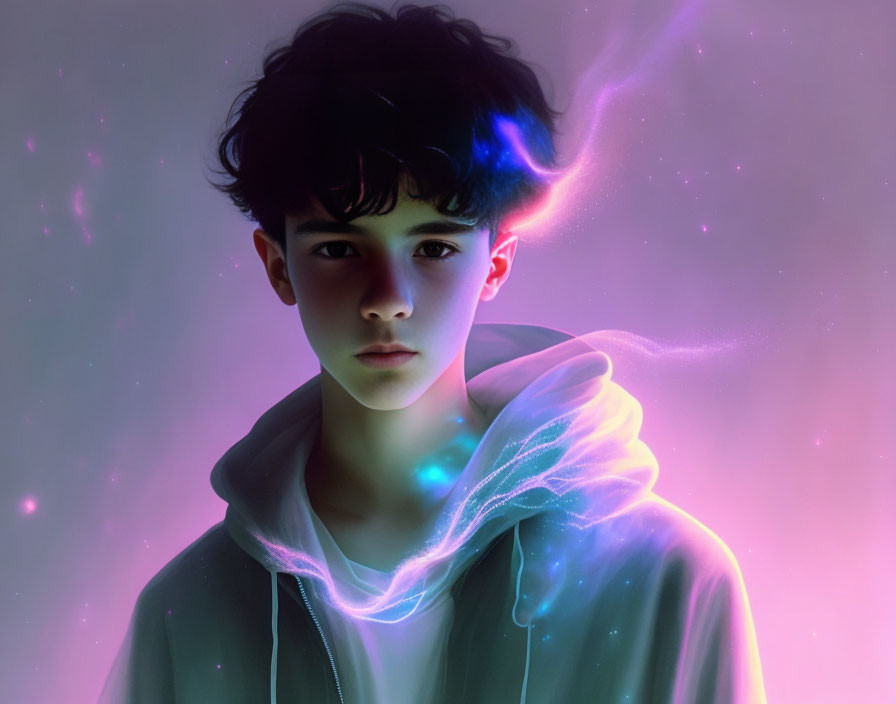 Dark-haired person in hoodie backlit by purple and blue neon glow