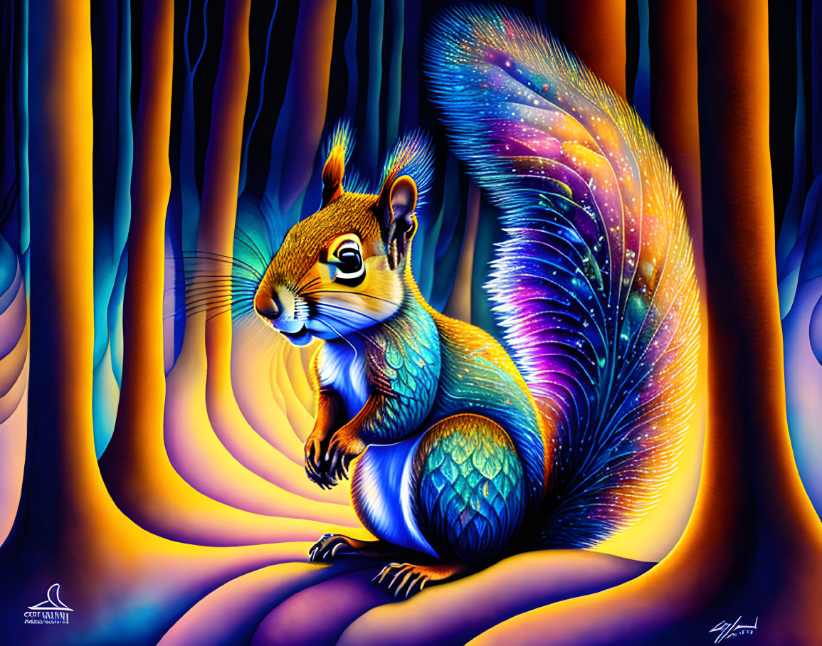 Colorful Squirrel Illustration in Fantasy Forest