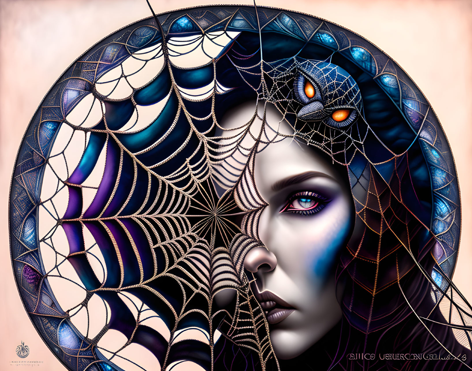 Blue-skinned woman with captivating eyes in digital artwork with web and spider motif.