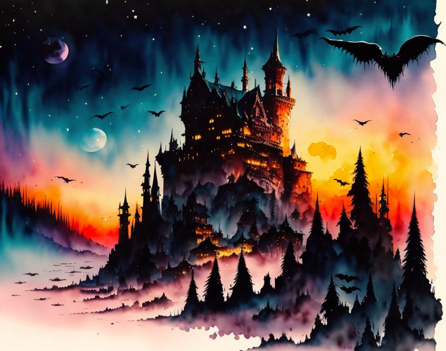 Mystical watercolor painting: grand castle, hill, pine trees, sunset sky, planets,