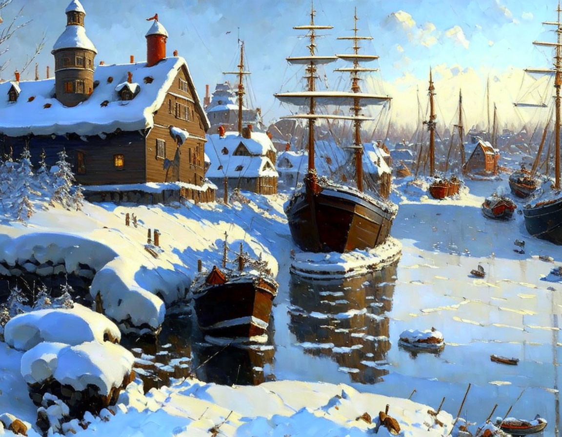 Snow-covered harbor with docked ships and historical buildings in serene winter scene