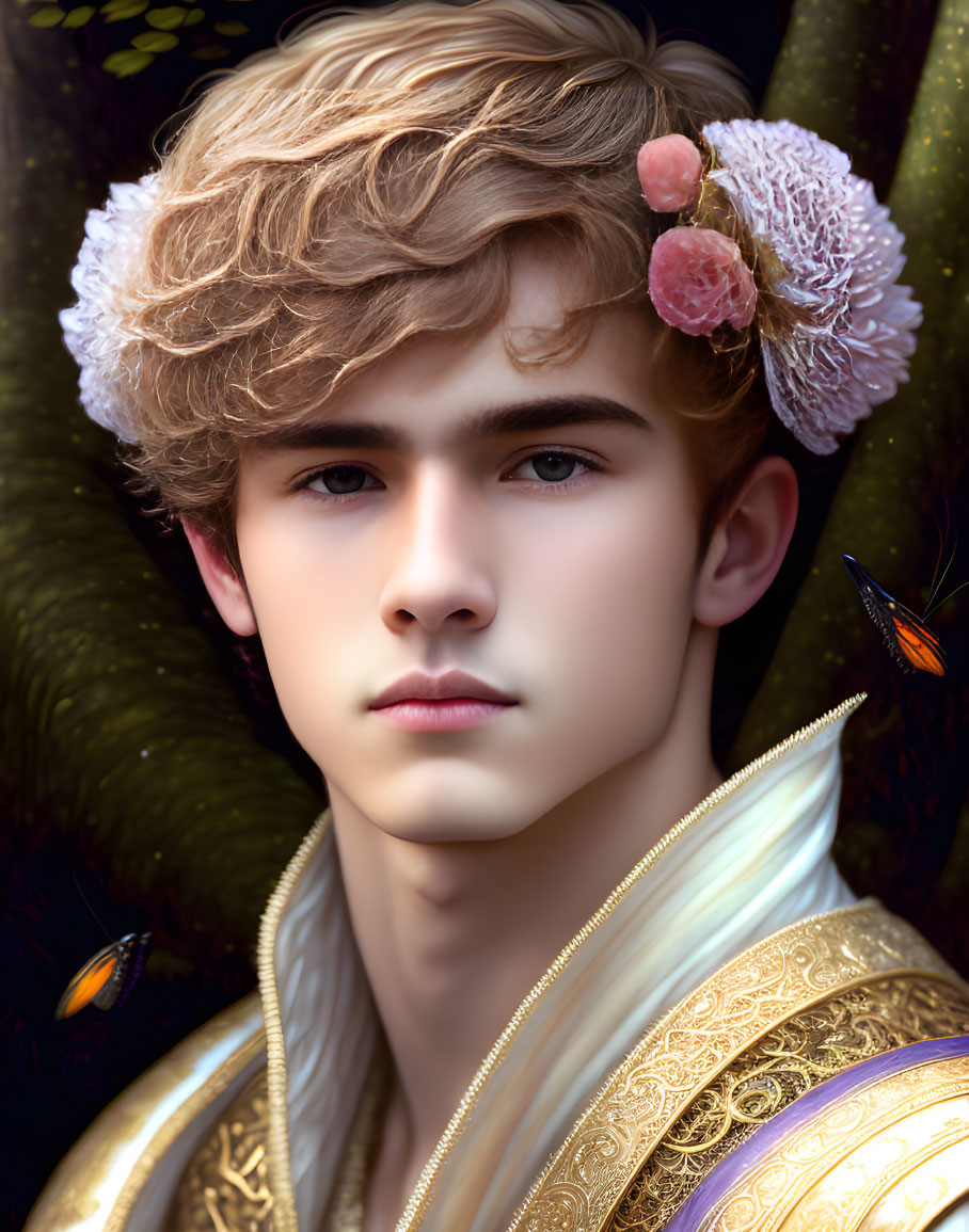 Portrait of young person with wavy blond hair, flowers, intense gaze, golden attire, butterflies.