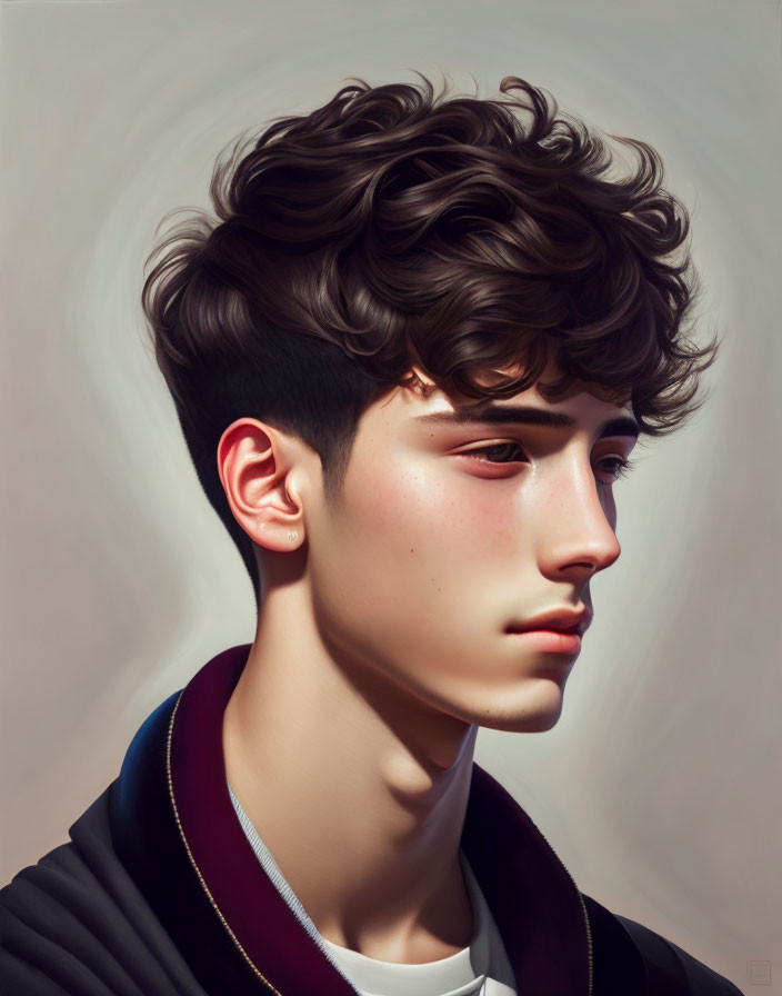 Young man's digital portrait: curly hair, sharp jawline, dark jacket with red lining