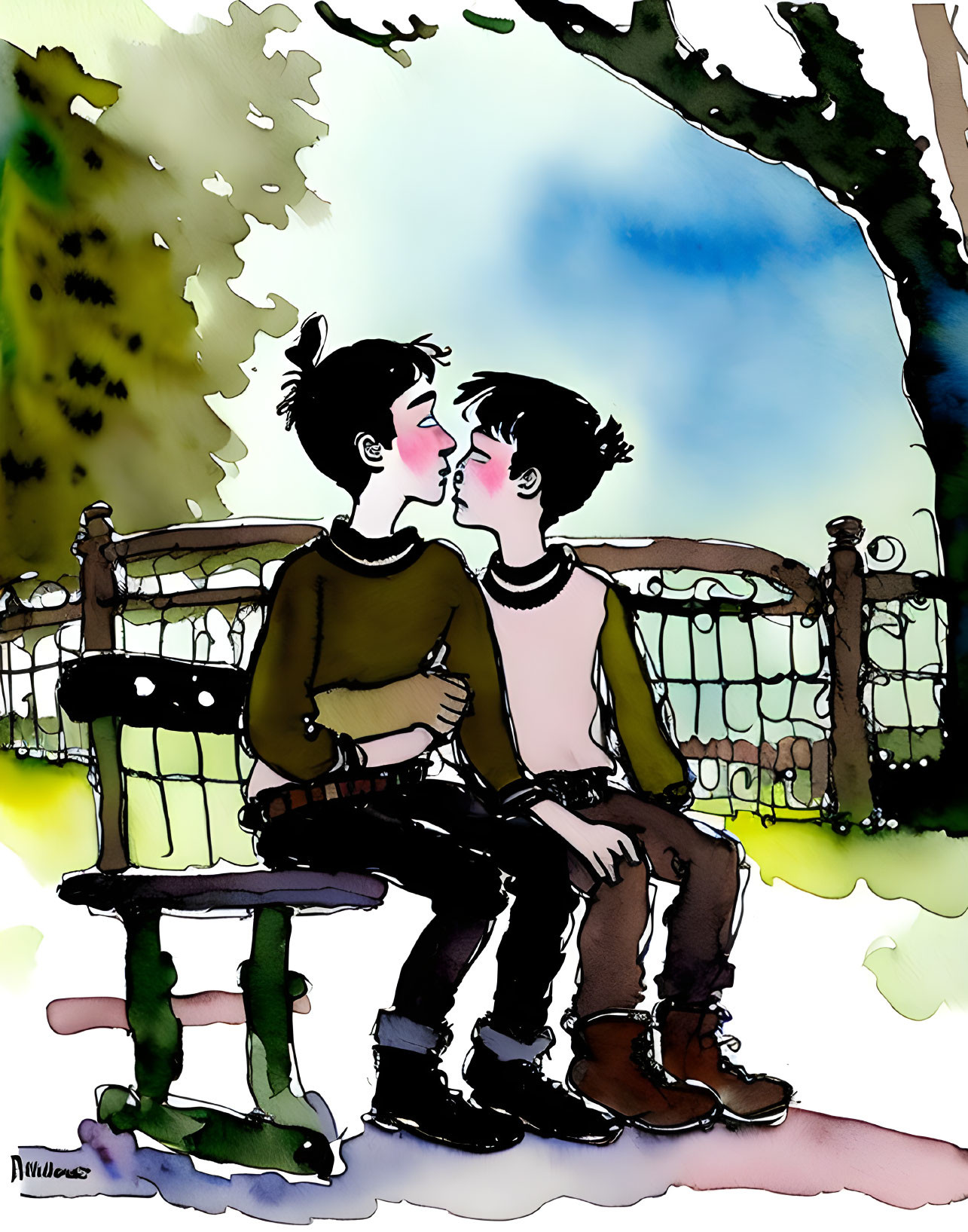 Romantic kiss on park bench with trees and blue sky