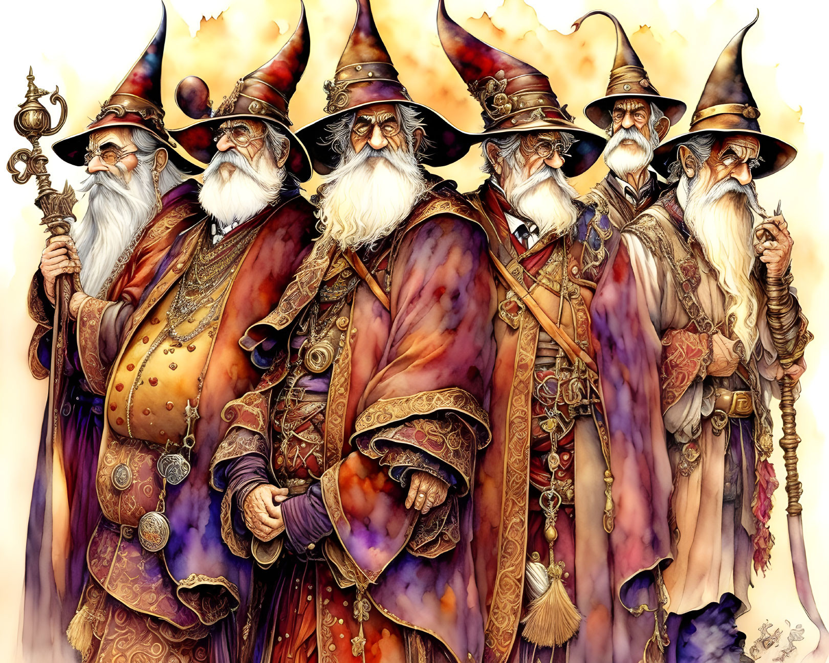 Five illustrated wizards in ornate robes and pointed hats with staffs - fantasy aesthetic