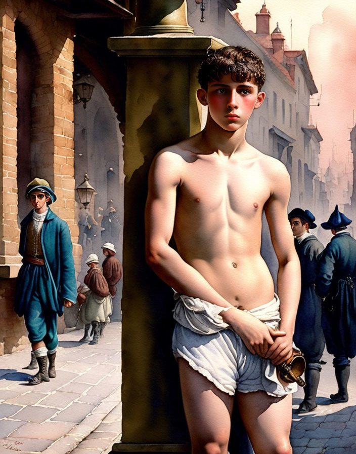 Shirtless youth in white breeches in sunlit street scene with period figures