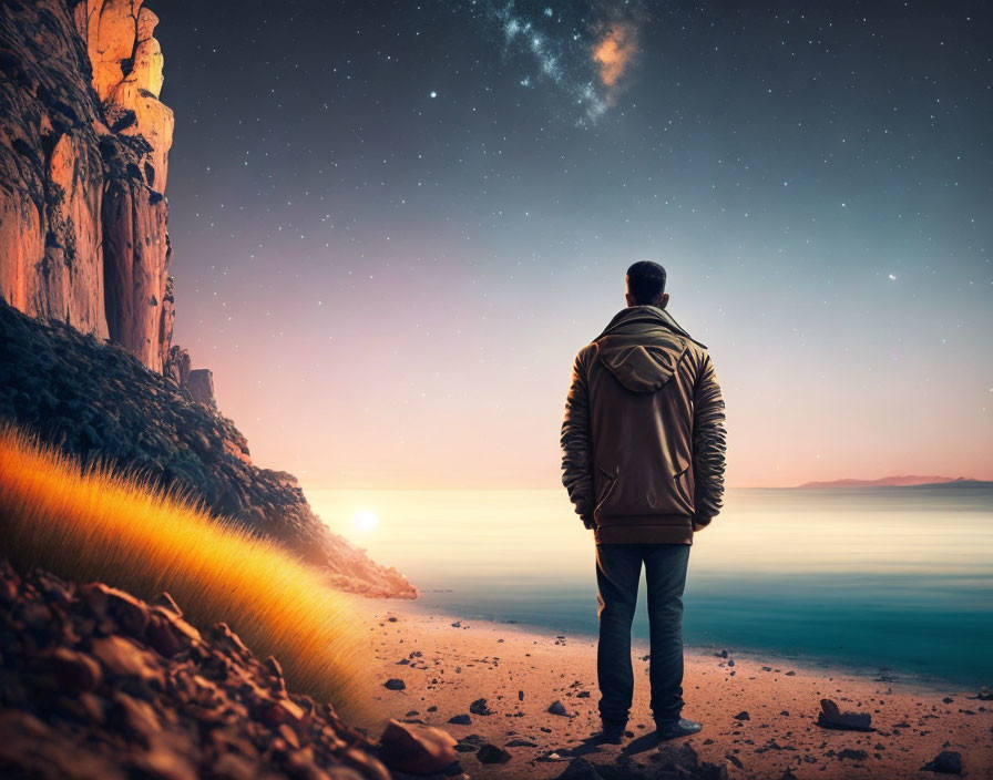 Person in jacket on beach at twilight under starry sky and cliff