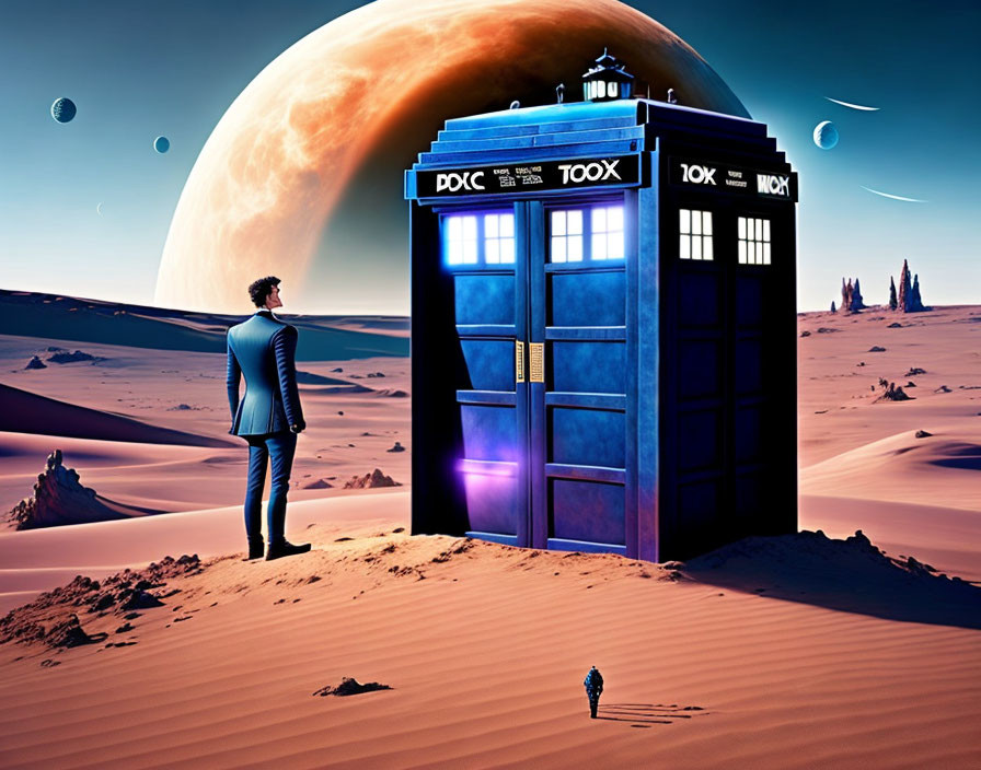 Man on alien planet gazes at ringed planet near blue police box structure