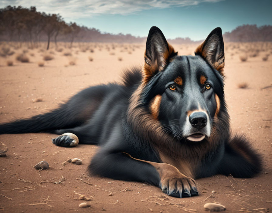 Black and Tan Dog Resting in Sparse Desert Landscape