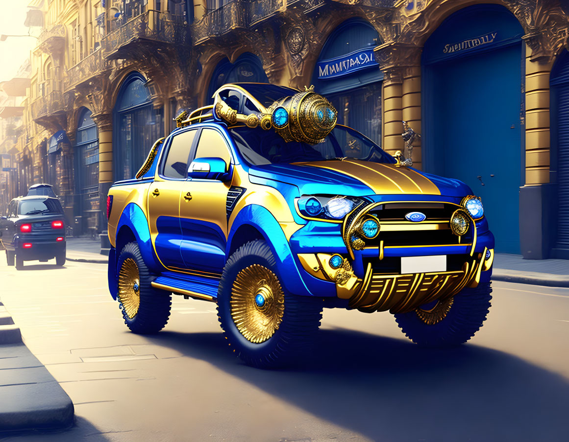 Customized blue and gold pickup truck with oversized wheels and intricate detailing on urban street.