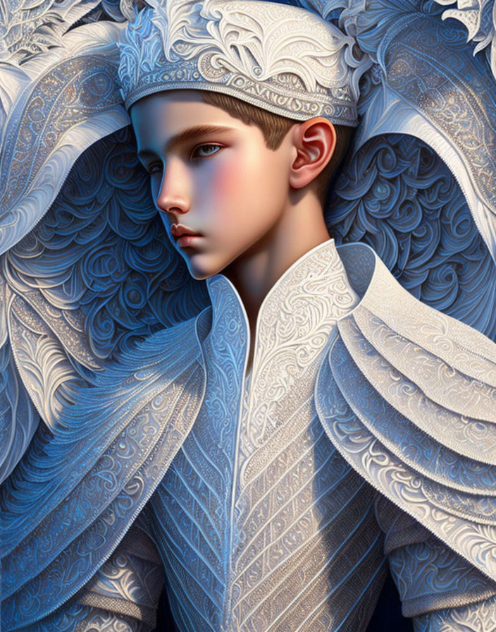 Digital artwork: Young person with pale skin in intricate white crown and garment.