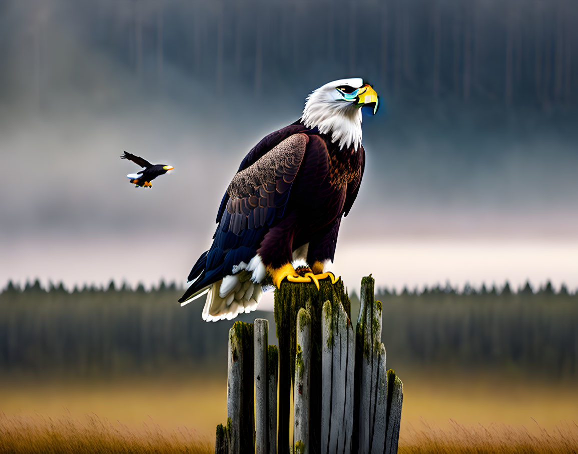 Bald eagle perched on wooden post in foggy forest landscape