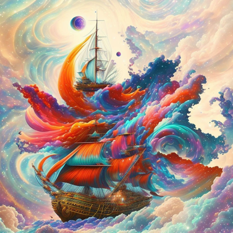 Colorful fantasy art of sailing ship in cosmic clouds