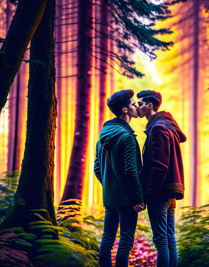 Couple kissing in vibrant forest setting