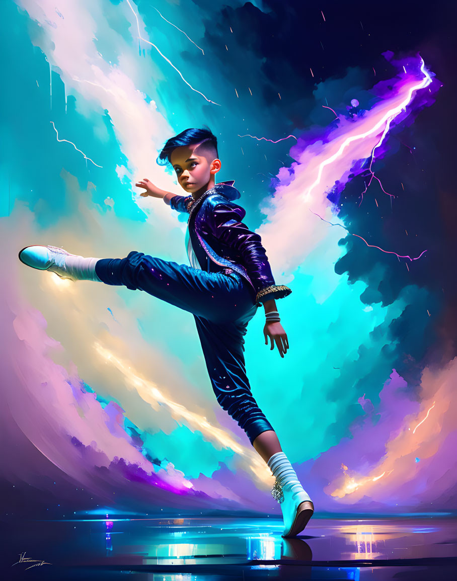 Vibrant digital illustration: Boy in futuristic outfit dancing with lightning bolt backdrop