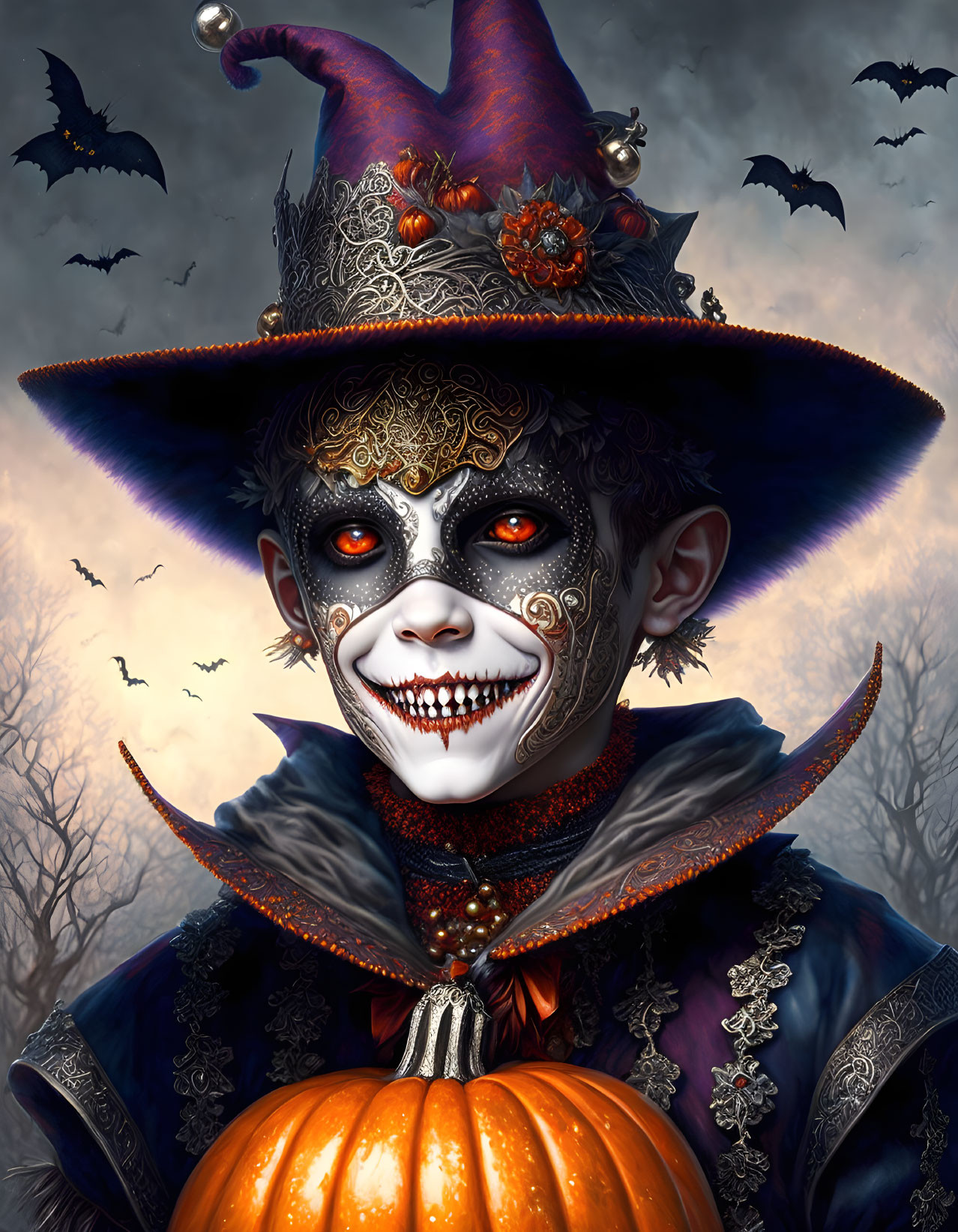 Skull-painted person in witch costume holding pumpkin under twilight sky