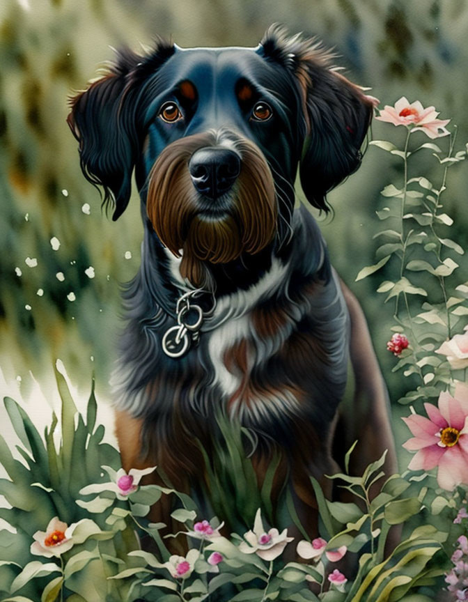 Glossy-furred dog with collar and tag in flower garden