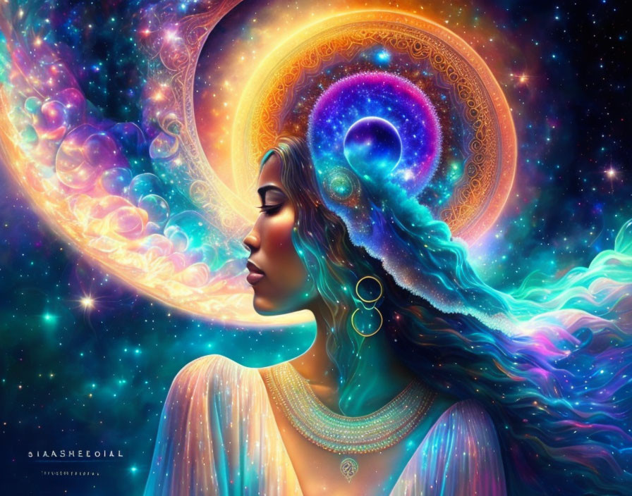 Cosmic-themed digital artwork: Woman with celestial hair flow