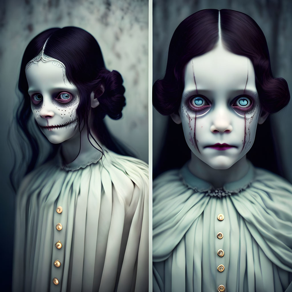 Stylized portraits: Pale-skinned girl in victorian attire with eerie makeup