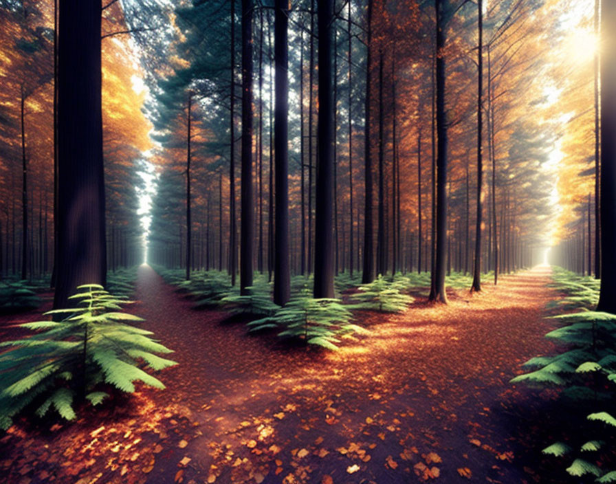 Tranquil forest path with tall trees and sunlight filtering through foliage